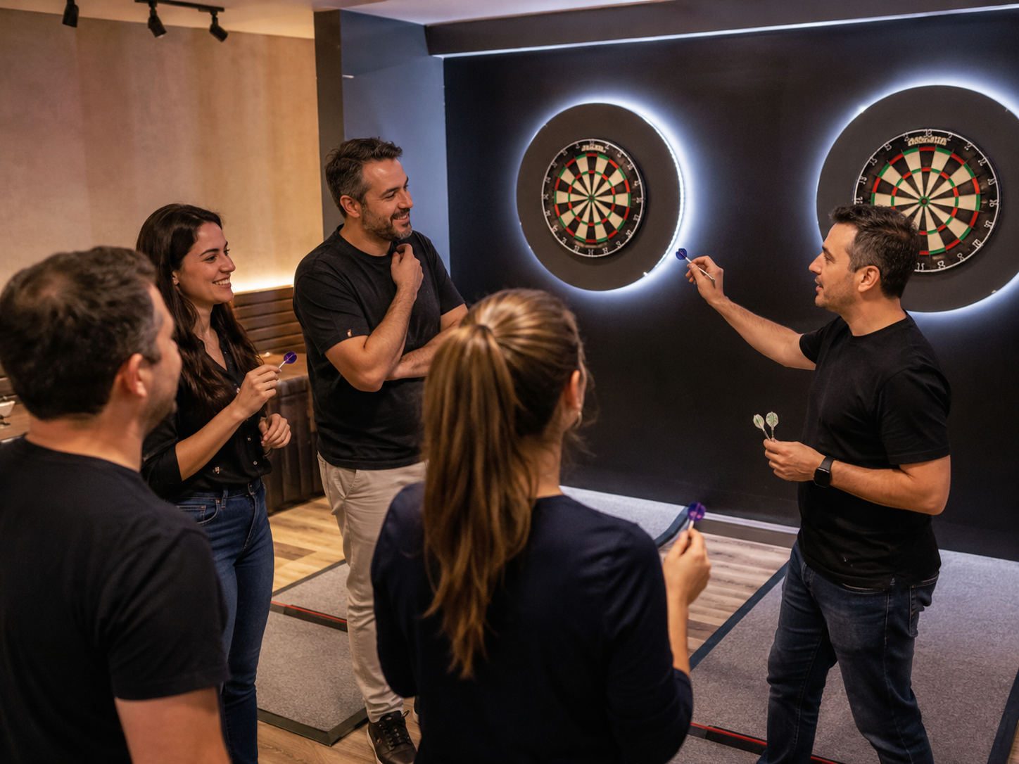 Grupo adulto participando de evento de dardos em Brasília